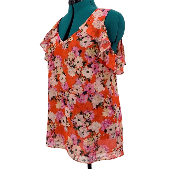 Cabi Lush Blouse # 5352, Hibiscus Floral Cold Shoulder Layered Blouse, Medium - Picture 4 of 17